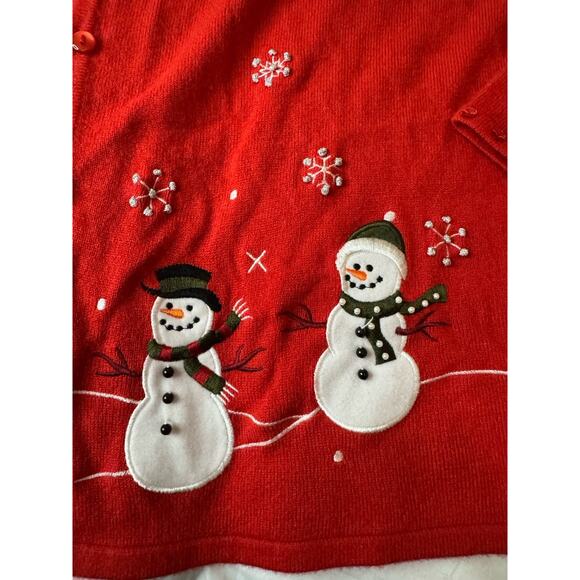 Medium Wish For Joy Holiday Sweater Red Snowman Christmas Winter Cardigan - Picture 7 of 9